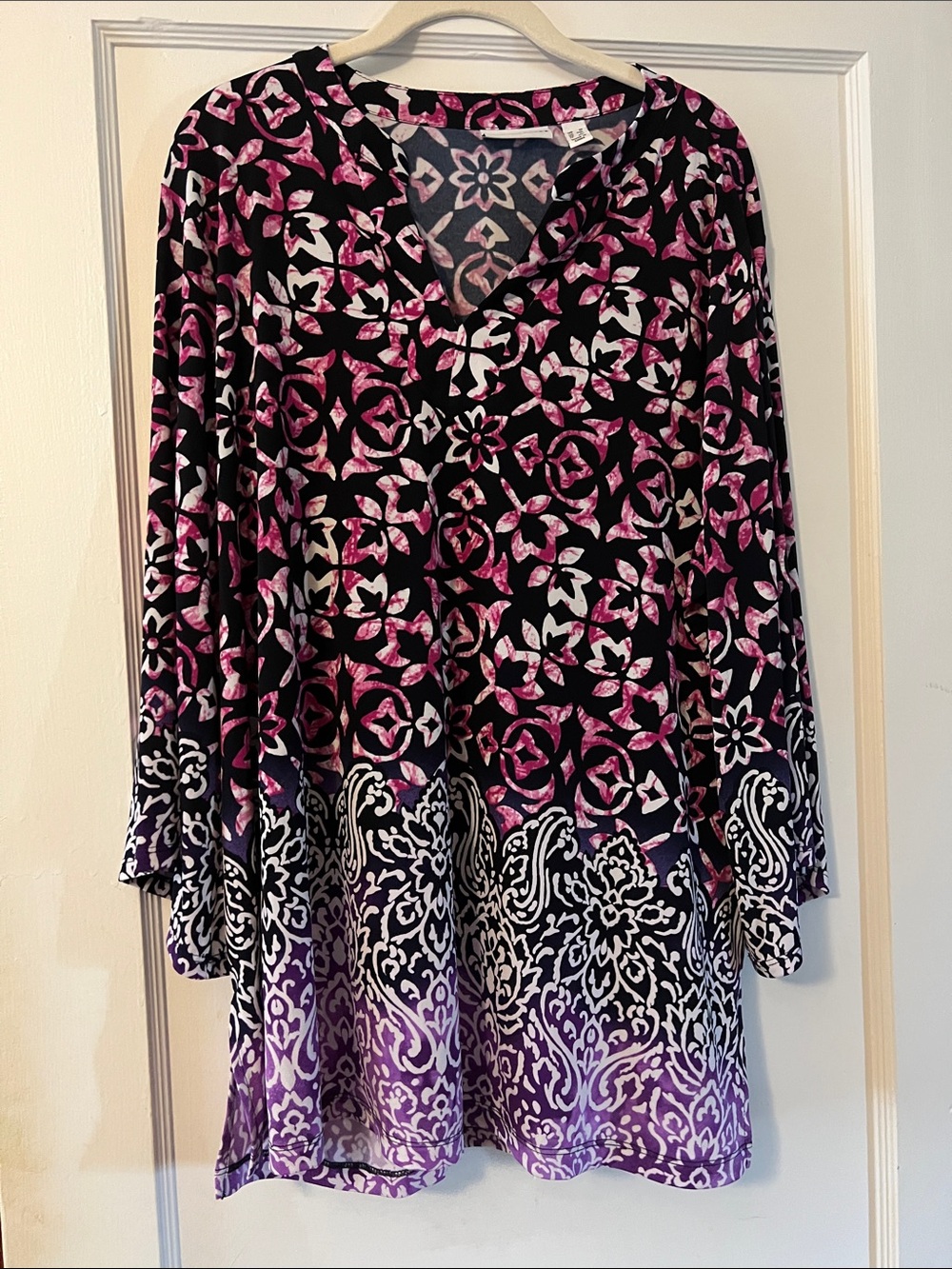 Susan Graver Black Tunic Dress with Pink and Purple Floral Motif
